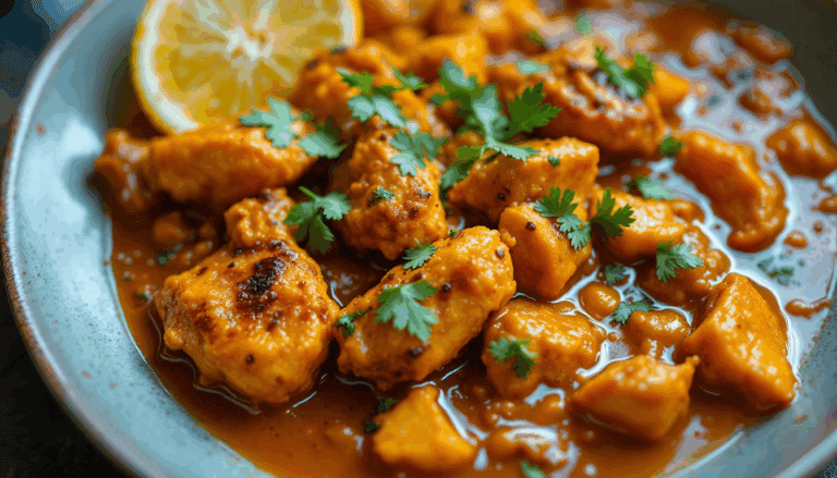 Savory chicken pieces in a rich, spicy sauce garnished with fresh cilantro and a slice of lemon for vibrant flavor.