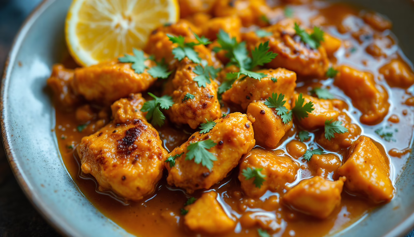 Savory chicken pieces in a rich, spicy sauce garnished with fresh cilantro and a slice of lemon for vibrant flavor.