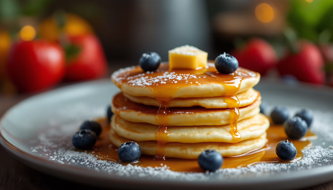 Fluffy pancakes stacked high, drizzled with syrup and topped with blueberries and butter, perfect for a delicious breakfast.