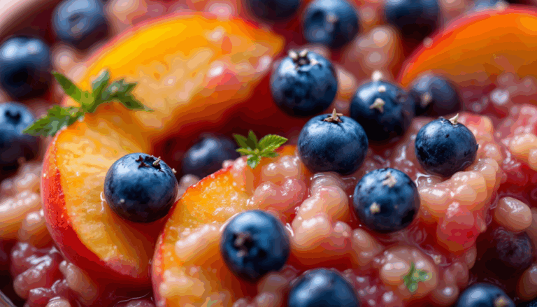 Vibrant fruit salad featuring fresh blueberries and peach slices, perfect for a healthy summer dessert.