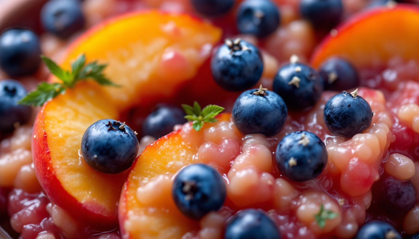 Vibrant fruit salad featuring fresh blueberries and peach slices, perfect for a healthy summer dessert.