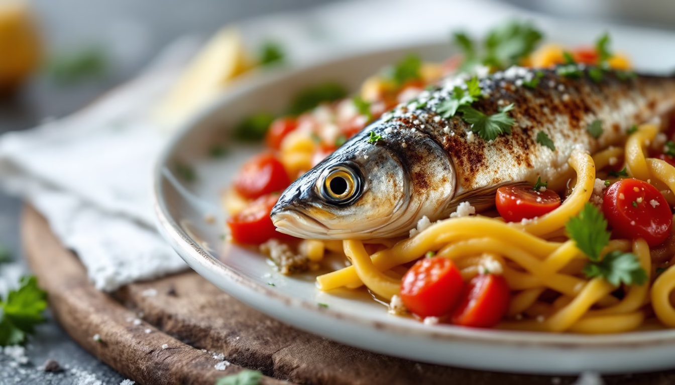 Grilled fish served on a bed of pasta garnished with cherry tomatoes and fresh herbs, showcasing a flavorful seafood dish.