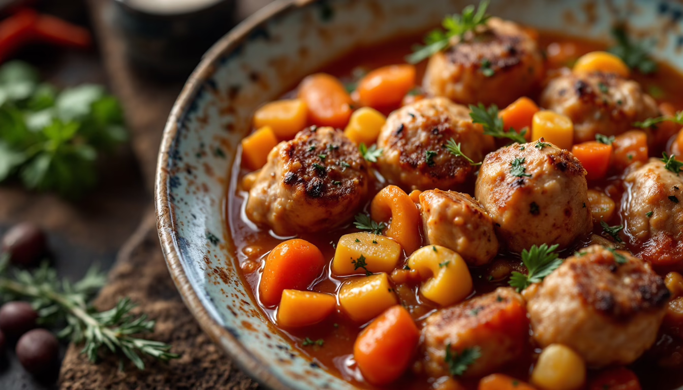 Hearty meatballs simmered with colorful pasta and carrots in savory broth, perfect for a comforting meal.