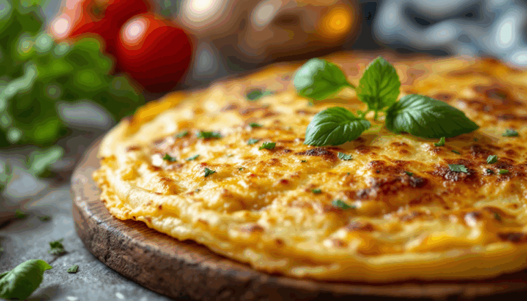 Golden cheesy frittata garnished with fresh herbs, resting on a wooden board with vibrant tomatoes and greens in the background.