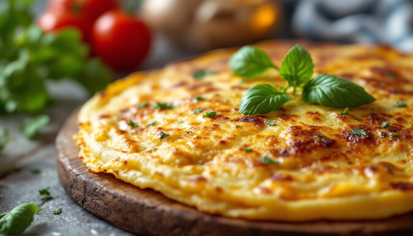 Golden cheesy frittata garnished with fresh herbs, resting on a wooden board with vibrant tomatoes and greens in the background.