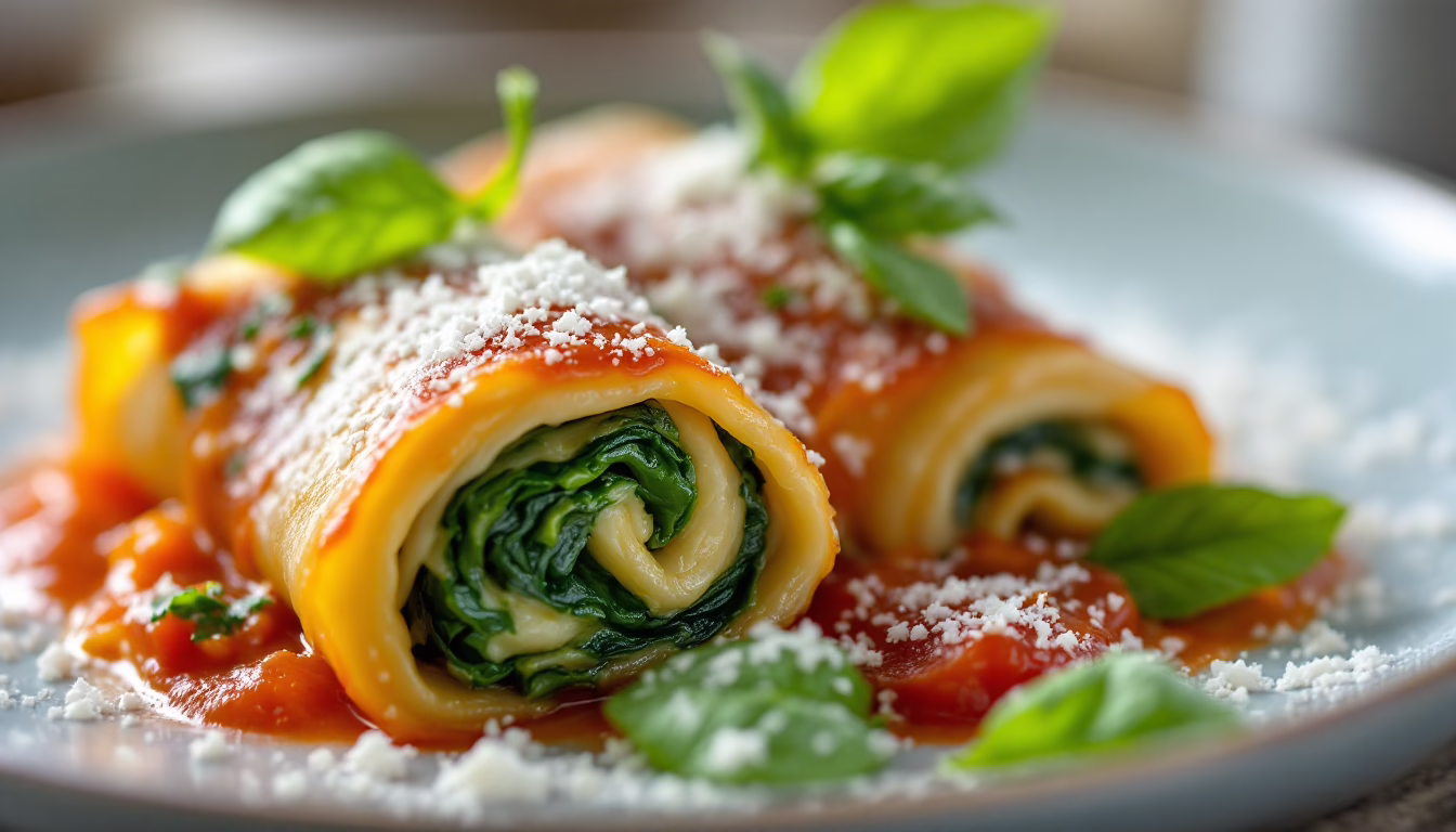 Savory spinach and cheese cannelloni topped with tomato sauce and garnished with fresh basil and parmesan.