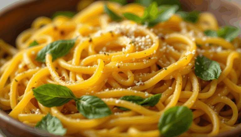 Delicious spaghetti adorned with fresh basil and grated cheese, perfect for a cozy Italian meal.