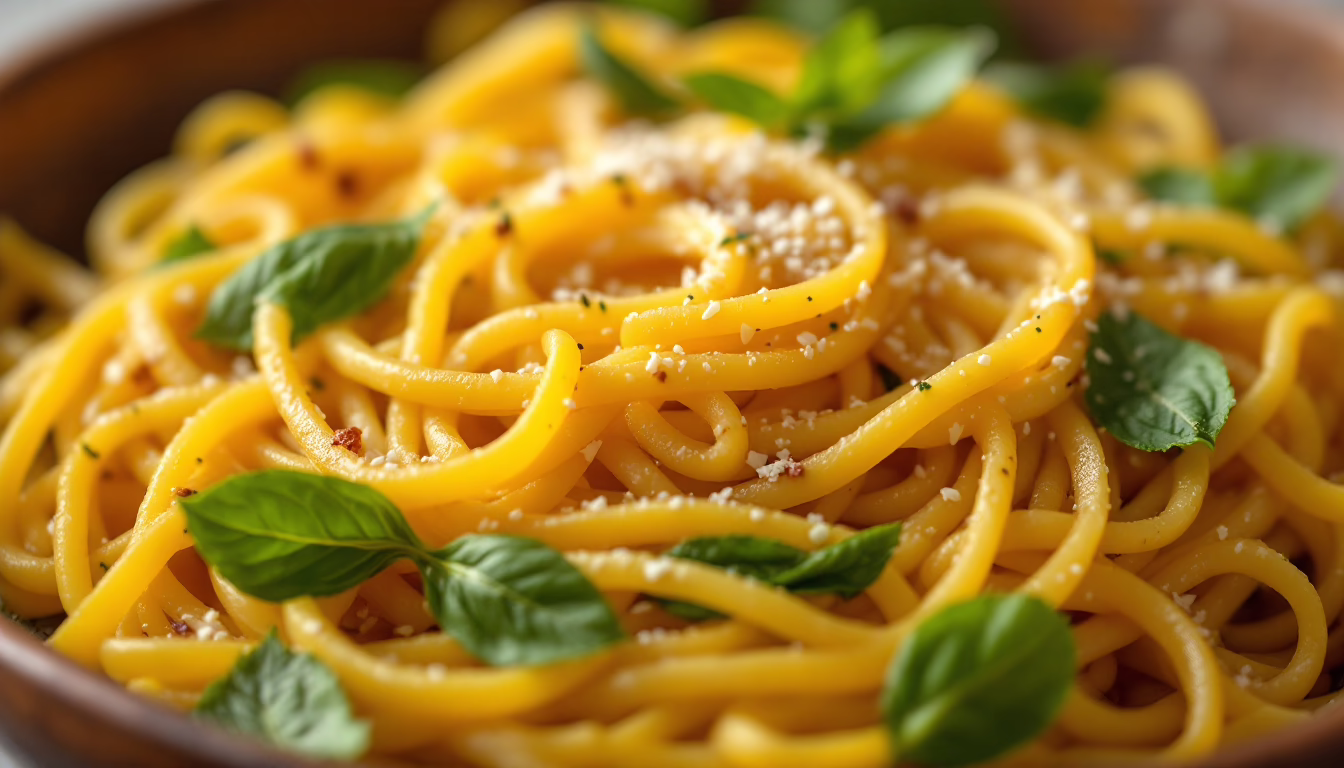 Delicious spaghetti adorned with fresh basil and grated cheese, perfect for a cozy Italian meal.