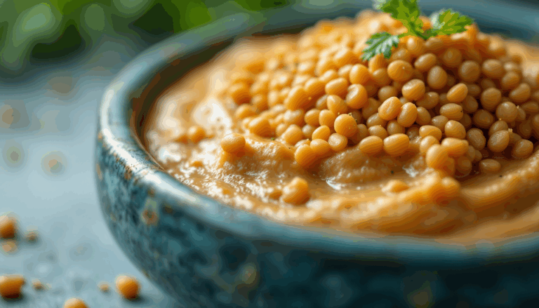 Creamy hummus topped with golden sesame seeds and fresh herbs, ideal for a healthy snack or Mediterranean dish.