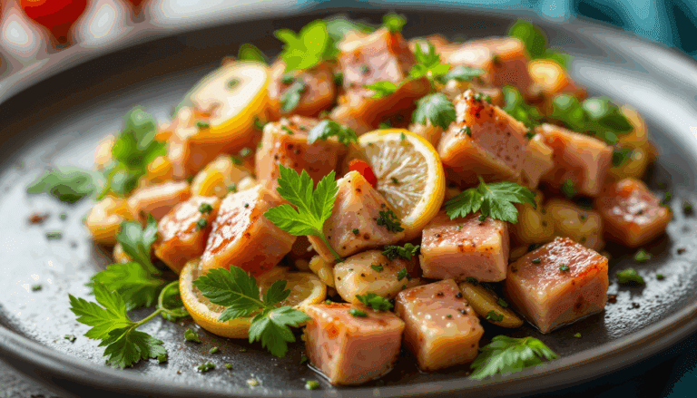 Savory salmon chunks tossed with lemon slices and fresh herbs, perfect for a healthy meal or vibrant dinner inspiration.