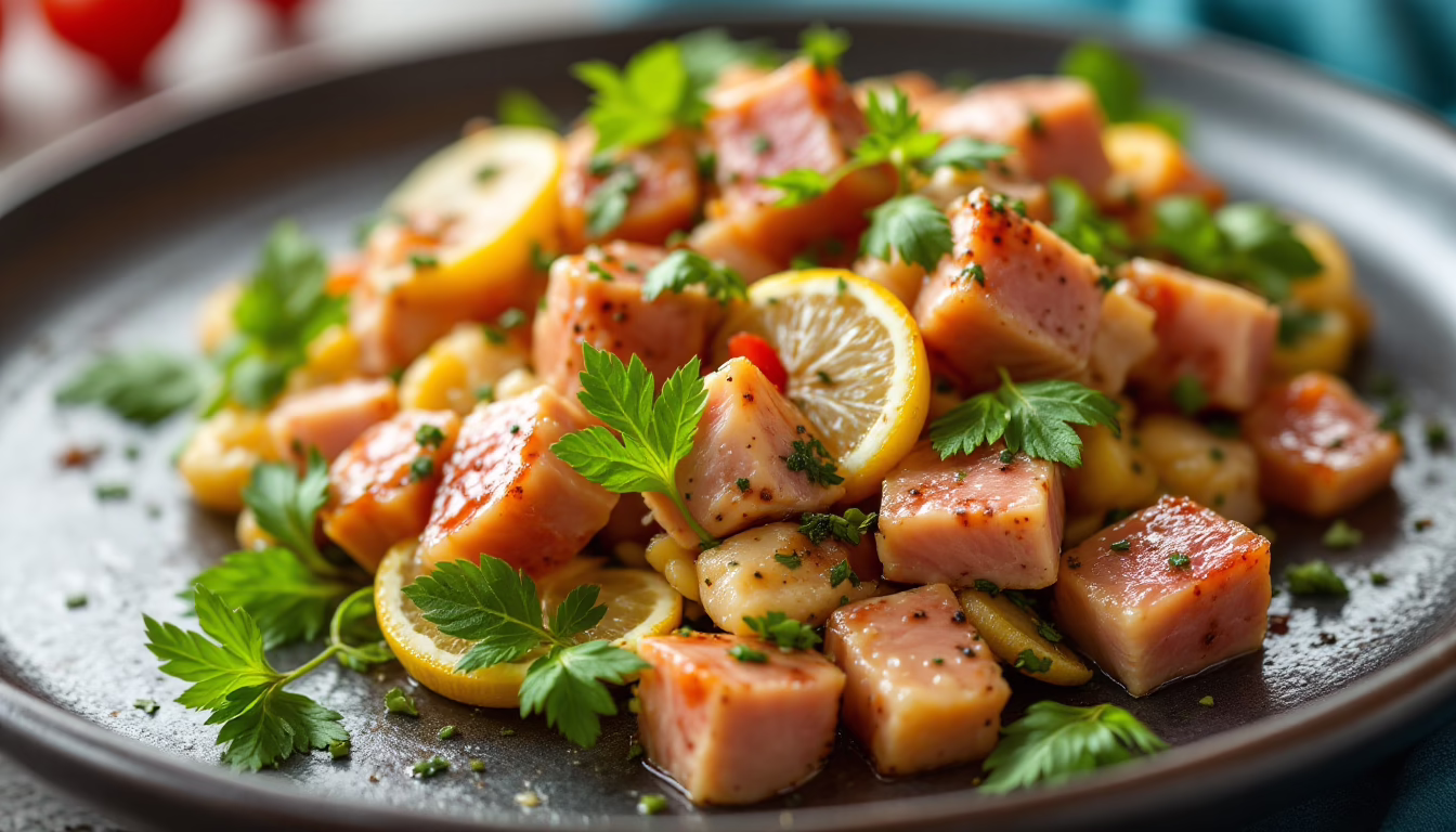 Savory salmon chunks tossed with lemon slices and fresh herbs, perfect for a healthy meal or vibrant dinner inspiration.