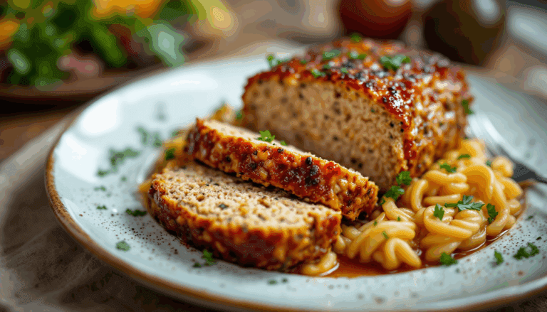 Savory meatloaf served with creamy pasta, garnished with fresh parsley, perfect for a comforting family meal.