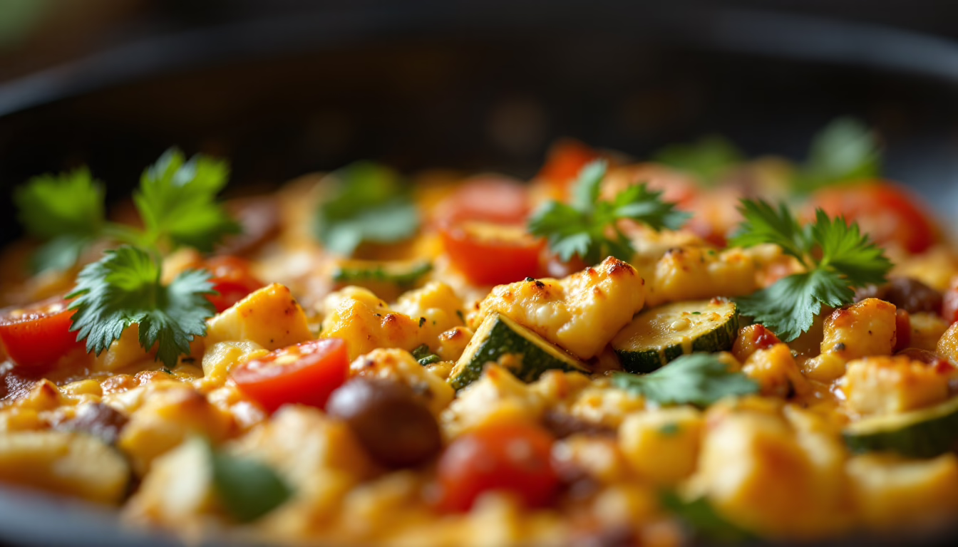 Close-up food photography of Vegetarian Casserole Hyper-realistic 4K photo.