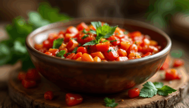 Fresh salsa made with diced tomatoes, corn, and cilantro in a rustic bowl, ideal for enhancing any meal or snack.