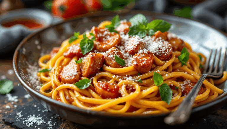 Savory spaghetti topped with sausage, marinara sauce, and fresh basil, garnished with grated parmesan cheese.
