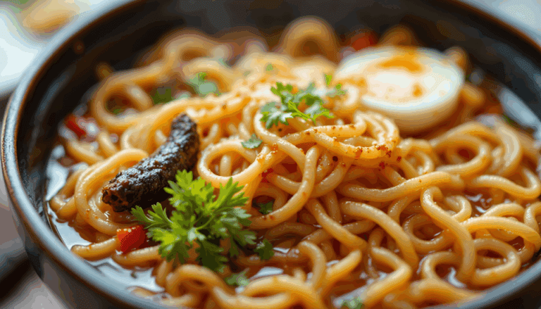Delicious bowl of spicy ramen noodles topped with cilantro, a soft-boiled egg, and a savory piece of meat.