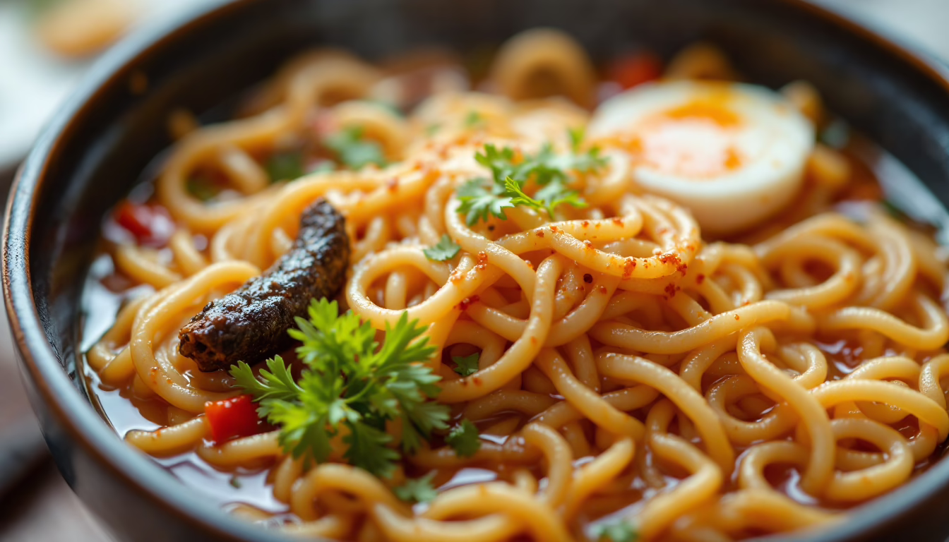 Delicious bowl of spicy ramen noodles topped with cilantro, a soft-boiled egg, and a savory piece of meat.
