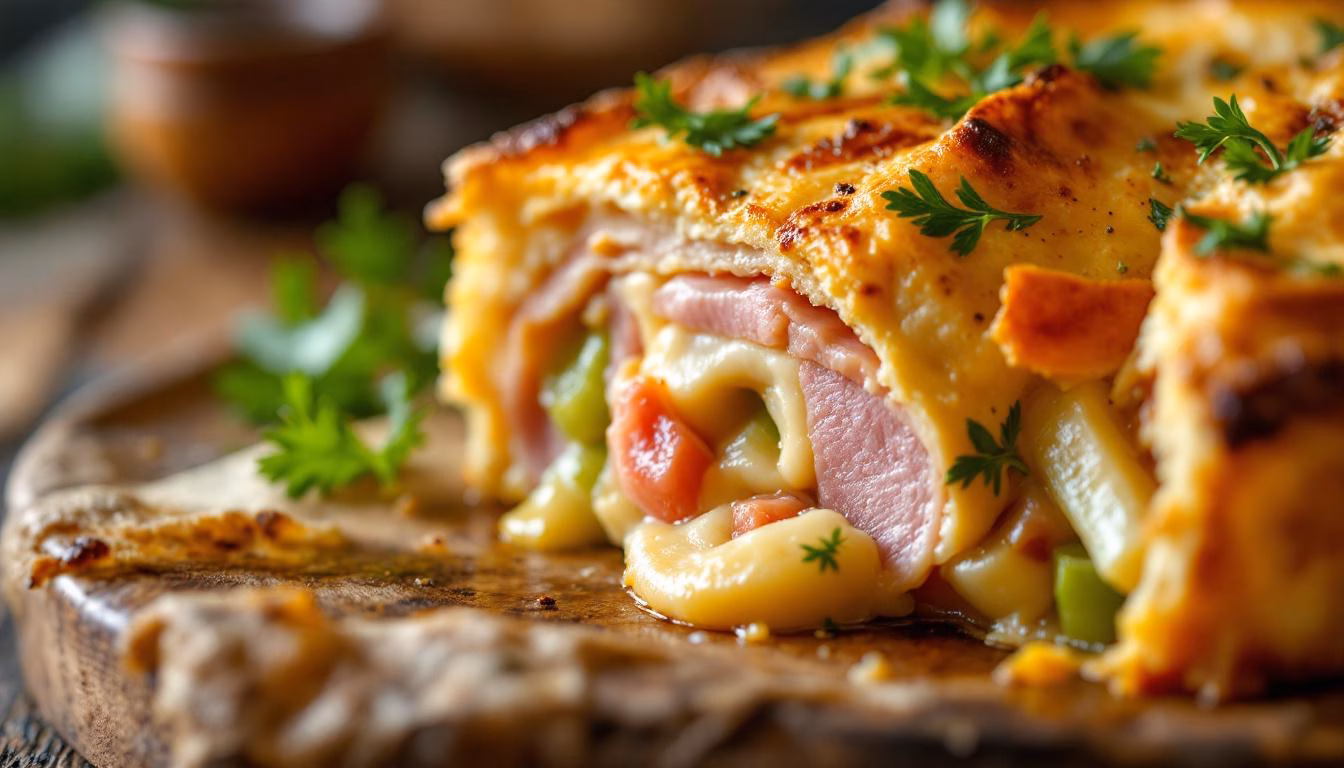 Creamy baked pasta casserole with ham and green peppers topped with golden cheese, served with a side of sour cream.