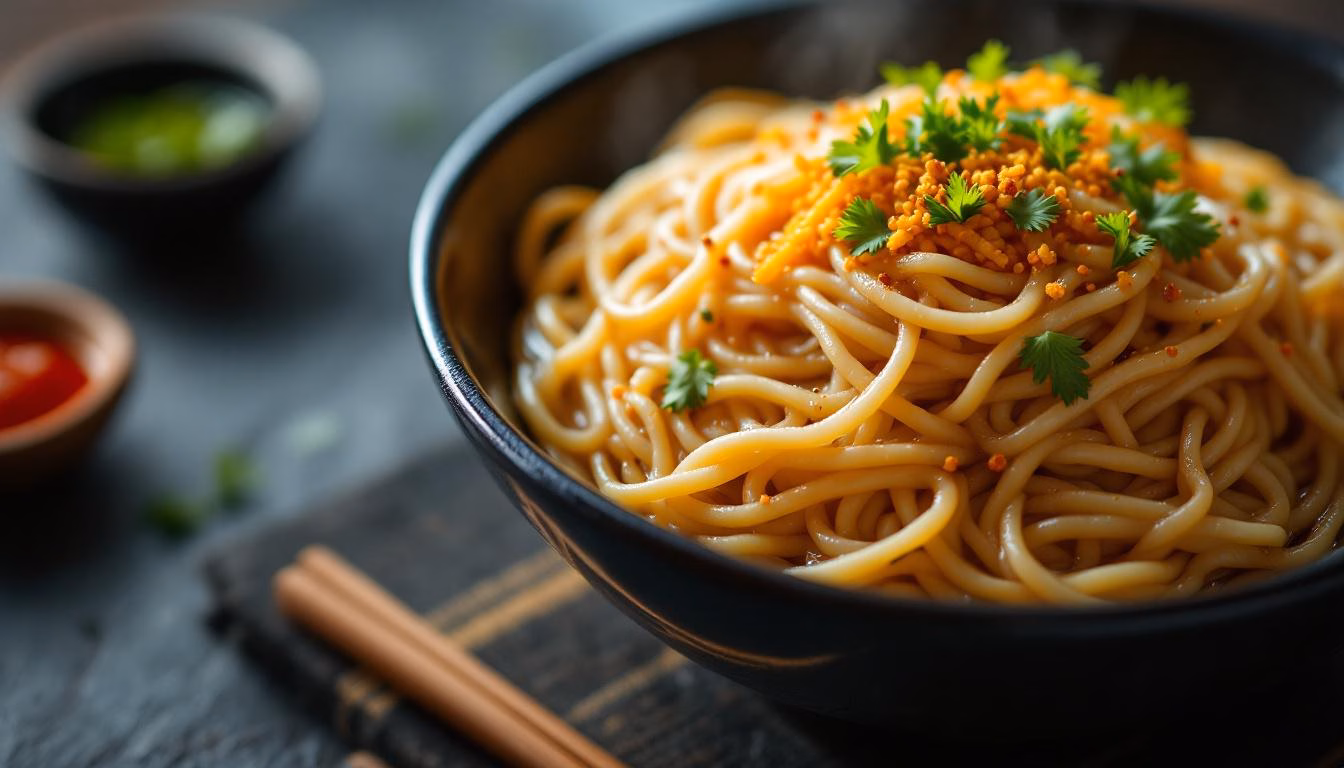 Delicious bowl of spicy ramen noodles topped with cilantro, a soft-boiled egg, and a savory piece of meat.