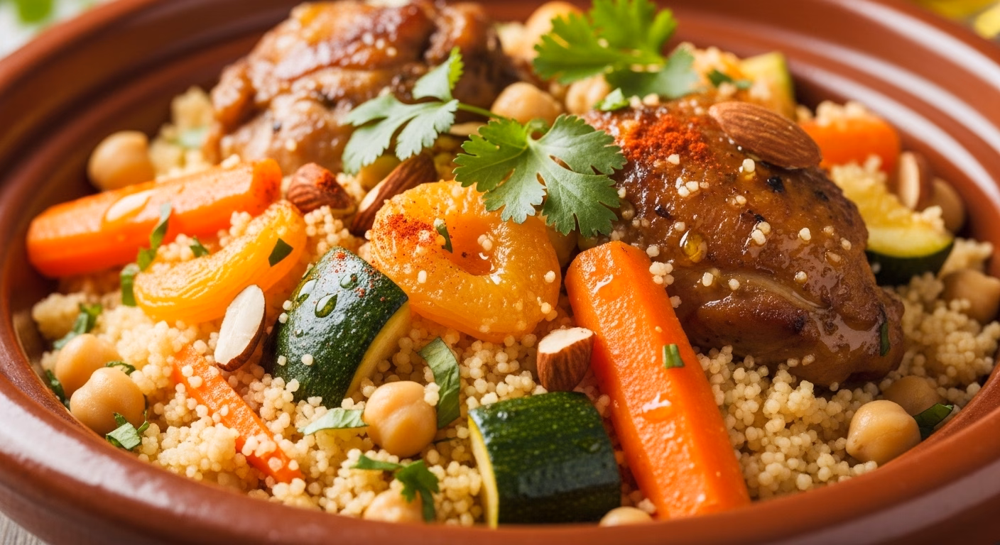 Richly flavored Moroccan chicken tagine served over fluffy couscous, garnished with vibrant vegetables, chickpeas, and almonds