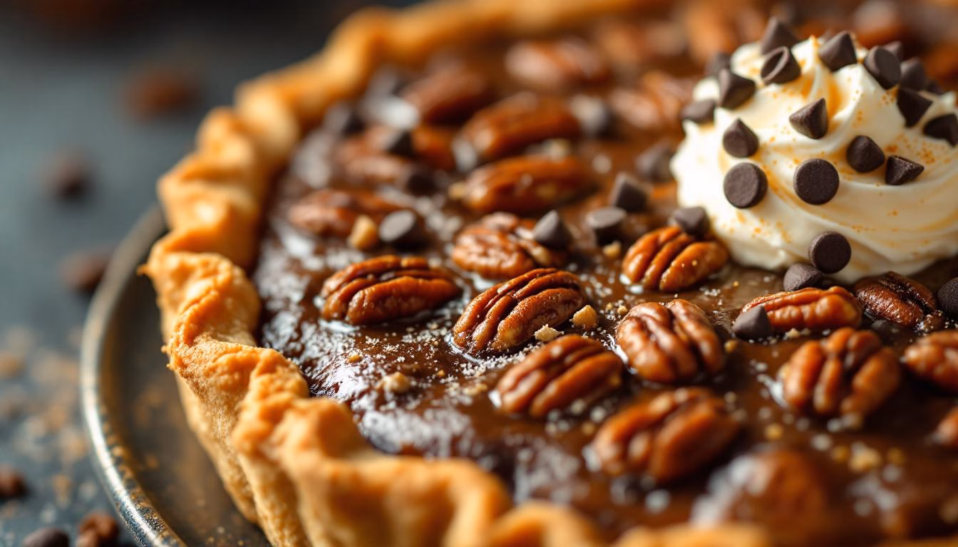 Pecan pie slice topped with whipped cream and chocolate chips, served on a plate garnished with pecans and cinnamon.