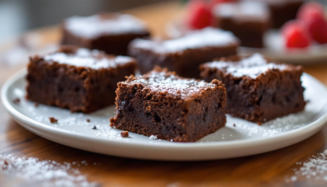 Decadent chocolate raspberry brownies topped with glossy frosting, garnished with mint and dusted with powdered sugar.