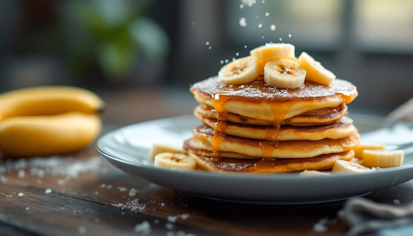 Fluffy pancakes drizzled with syrup, topped with banana slices and blueberries, served on a rustic wooden table.