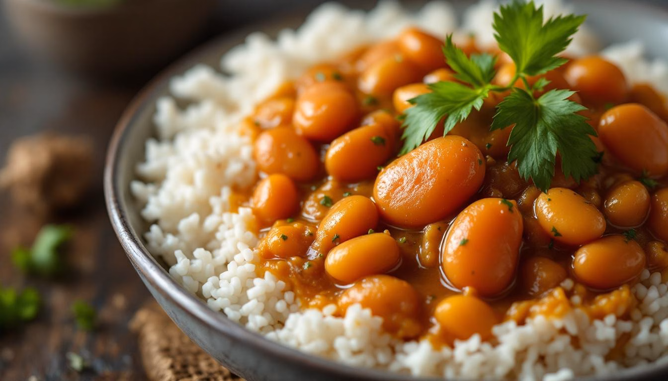 Hearty bean salad featuring vibrant orange and red beans garnished with fresh herbs, perfect for nutritious meals.