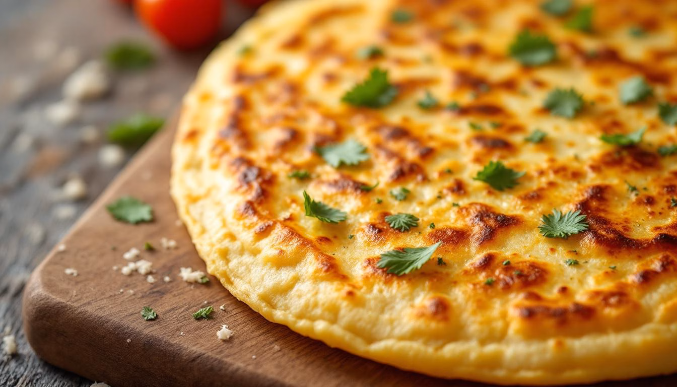 Golden cheesy frittata garnished with fresh herbs, resting on a wooden board with vibrant tomatoes and greens in the background.