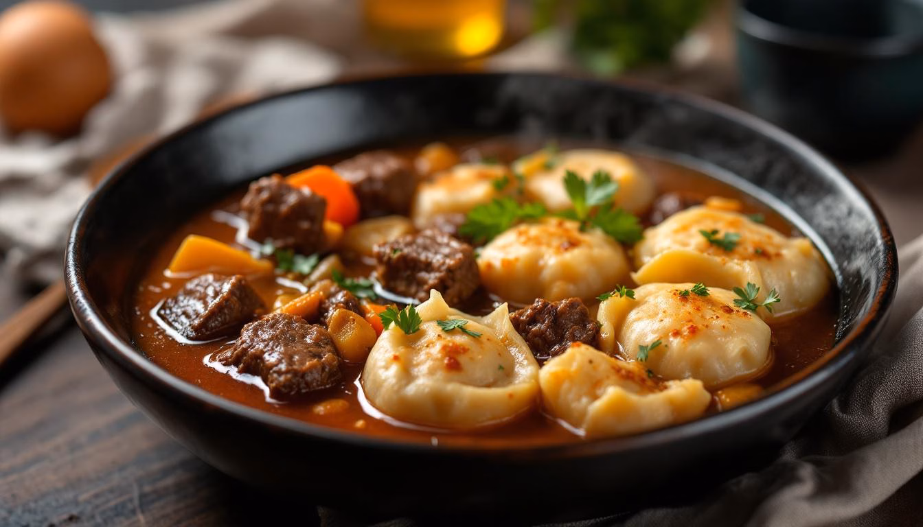 Hearty beef stew with tender dumplings and vegetables, garnished with fresh parsley, perfect for a comforting meal.