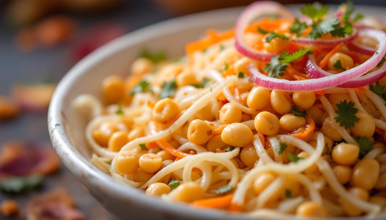 Flavorful Asian noodle salad topped with peanuts, red peppers, and fresh herbs, perfect for healthy meal inspiration.