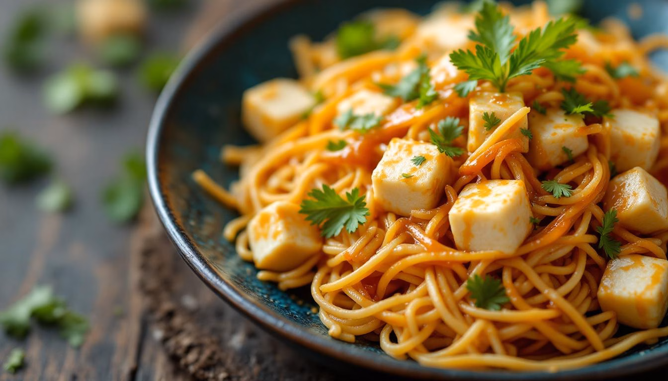 Delicious stir-fried noodles topped with tofu and fresh cilantro, served in a rustic bowl, perfect for a comforting meal.