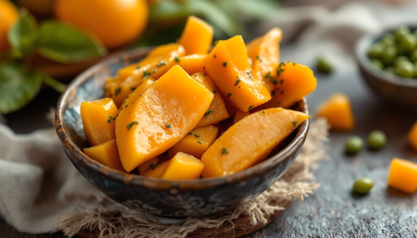 Fresh mango chunks garnished with mint leaves, ideal for summer salads or desserts, showcasing vibrant flavors and colors.