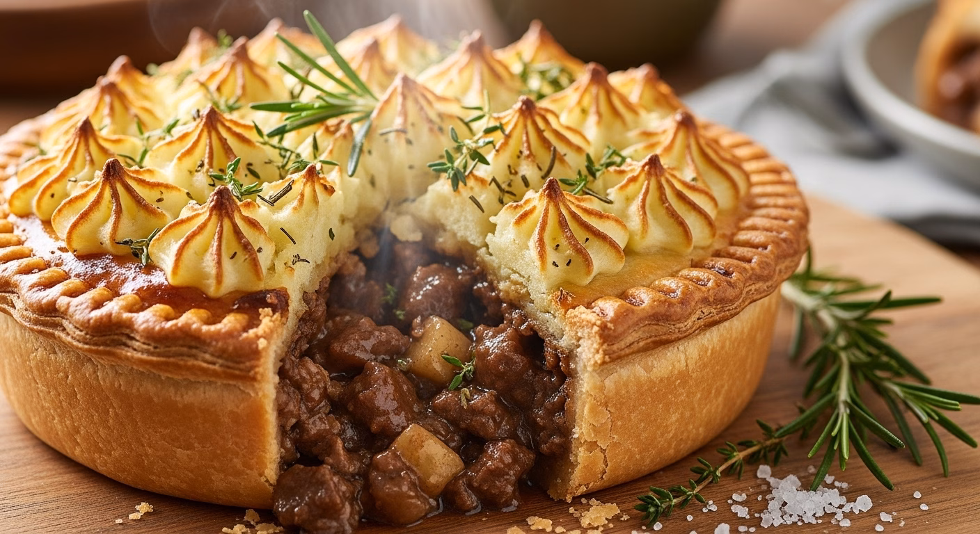 Hearty shepherd's pie served with golden potatoes and colorful vegetables, garnished with fresh herbs for a comforting meal.