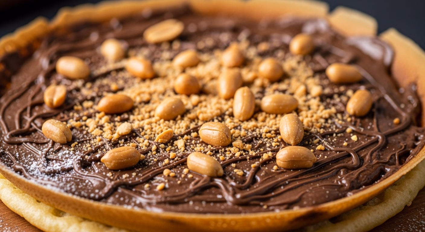 Savory pancakes topped with rich chocolate sauce, crunchy peanuts, and chocolate chunks, perfect for a delicious breakfast treat.