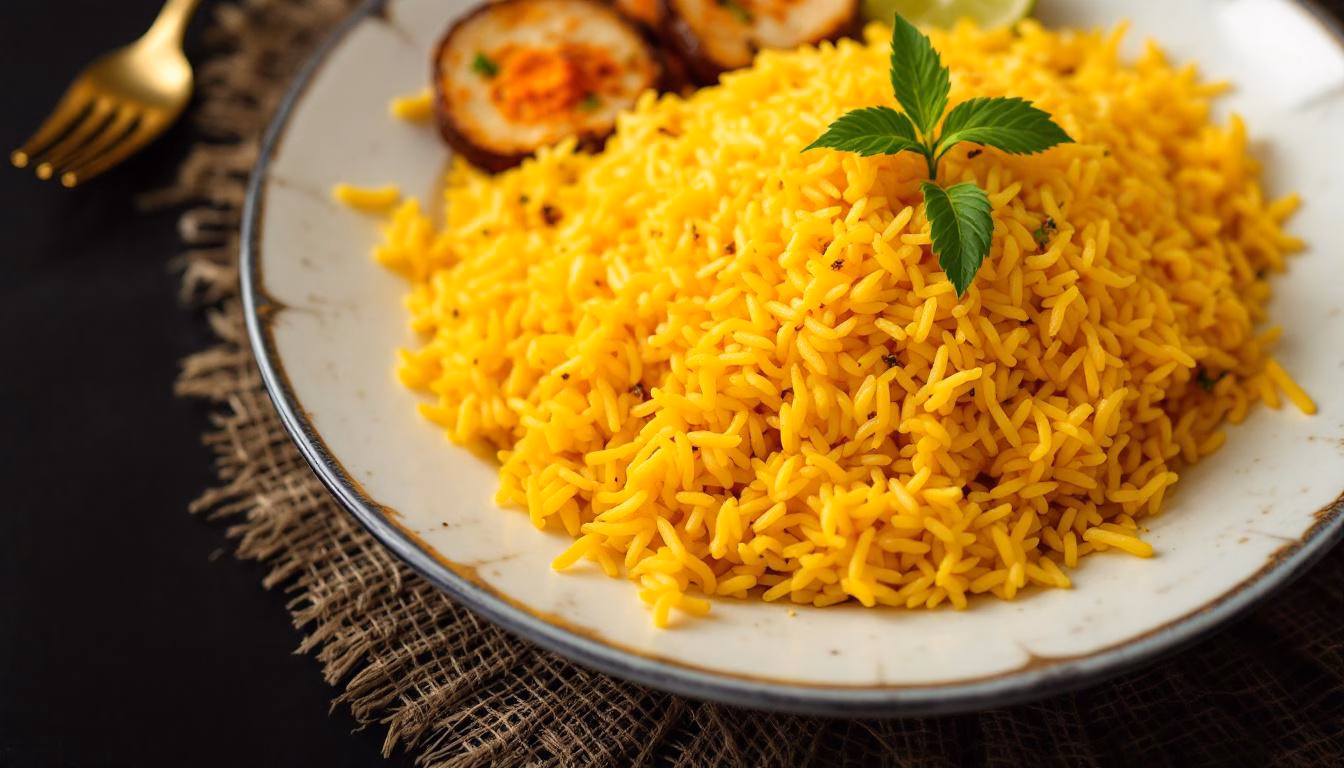Fragrant yellow rice dish garnished with fresh cilantro, featuring colorful vegetables for a vibrant, healthy meal.