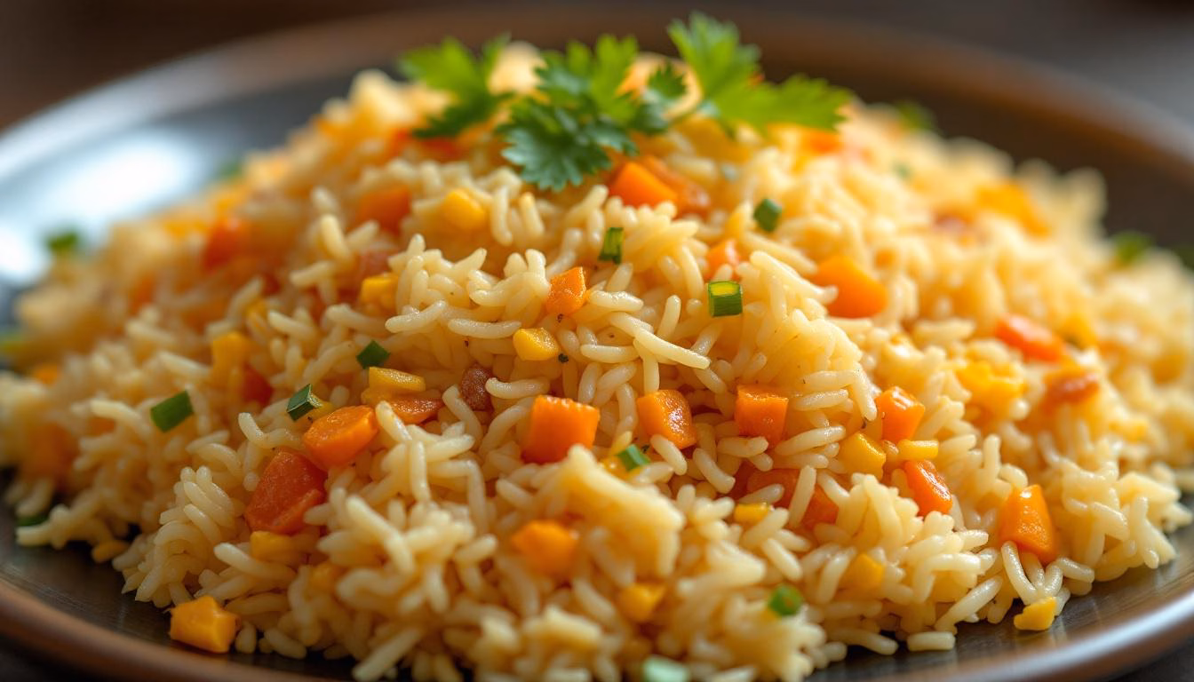 Flavorful, fluffy yellow rice garnished with fresh cilantro, perfect for a vibrant side dish or main course.