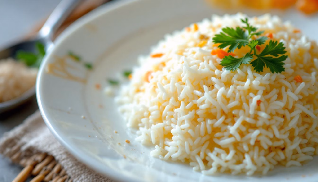 Fragrant basmati rice topped with crispy onions, vibrant tomatoes, and fresh herbs, served with a side of sweet mango slices.
