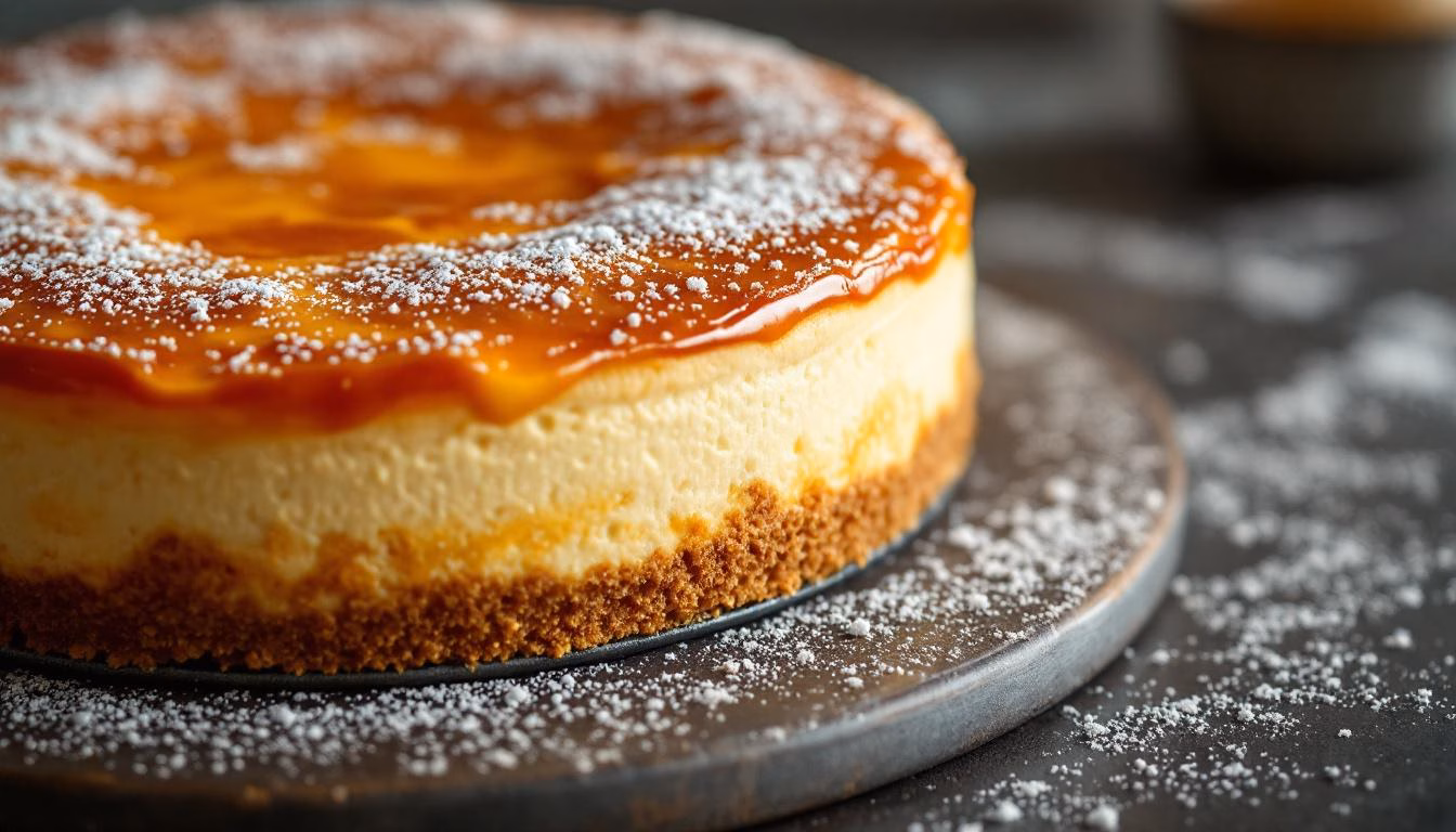 Decadent cheesecake topped with fresh strawberries, a drizzle of caramel, and whipped cream, perfect for dessert lovers.