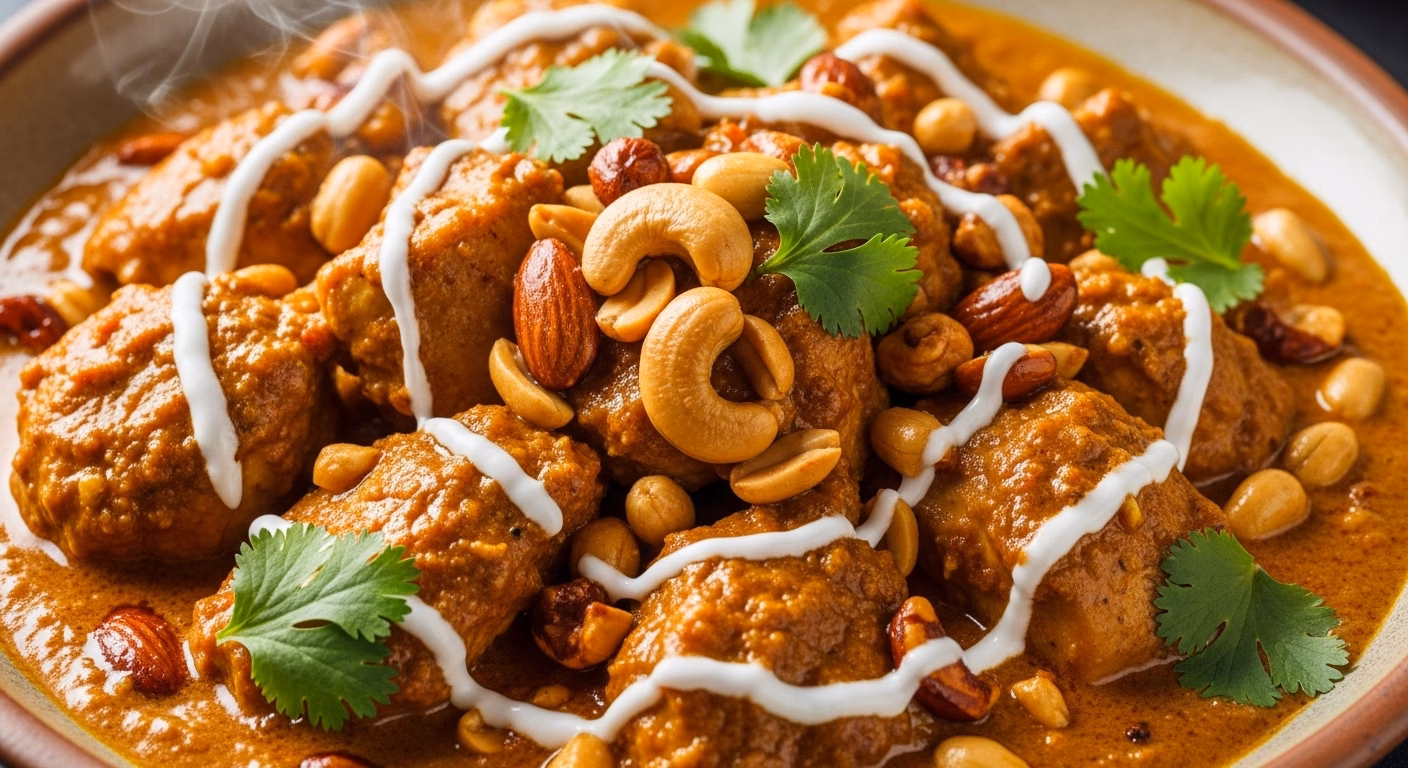 Savory chicken pieces in a rich, spicy sauce garnished with fresh cilantro and a slice of lemon for vibrant flavor.