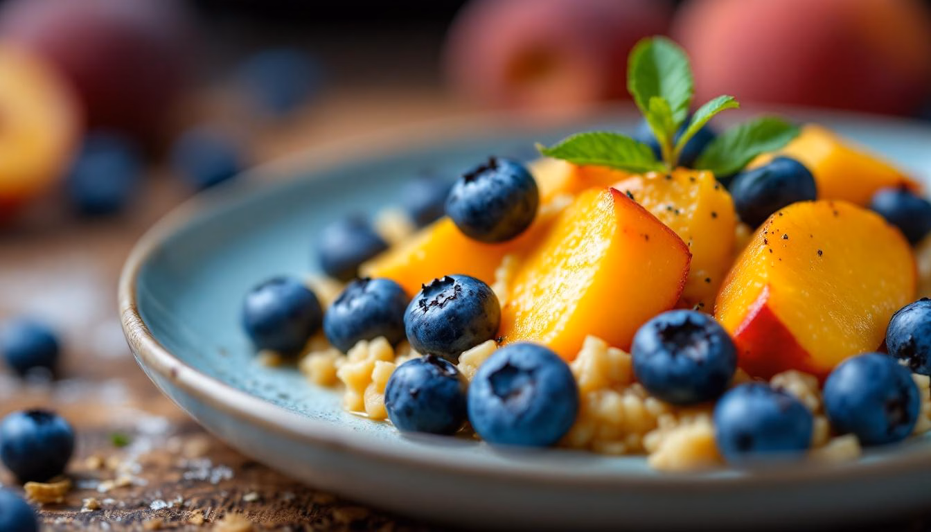 Fresh peaches and blueberries nestled in a vibrant fruit salad, perfect for a healthy summer dessert or snack.