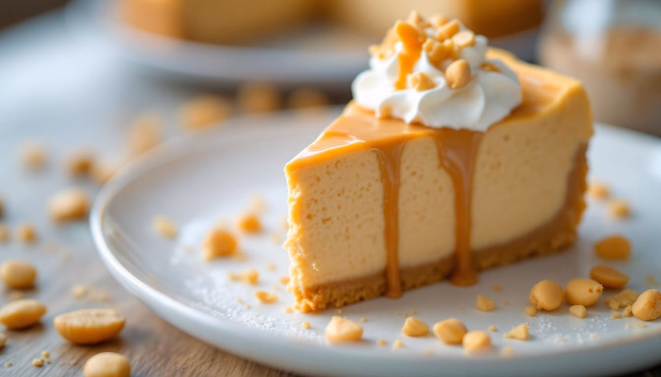 Creamy cheesecake slice topped with caramel sauce and crushed nuts, served on a rustic plate with a cozy background.