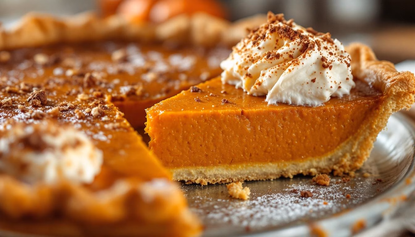Delicious slice of pumpkin pie topped with whipped cream and cinnamon, perfect for fall celebrations and festive gatherings.