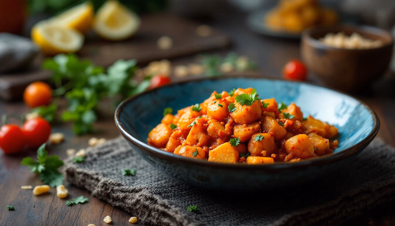 Spicy diced potatoes garnished with fresh cilantro, served in a rich tomato sauce on a rustic plate.