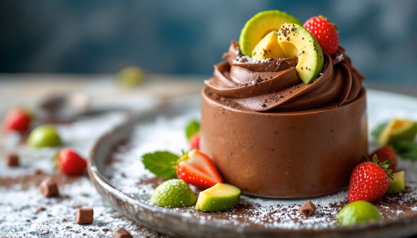 Creamy avocado mousse dessert layered with chocolate and topped with mint leaves and chopped nuts for a delightful treat.