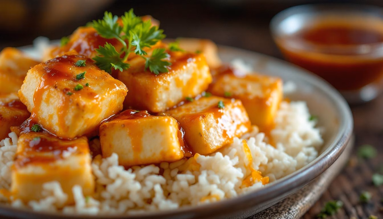 Crispy fried tofu cubes drizzled with spicy sauce and garnished with fresh cilantro on a dark plate.