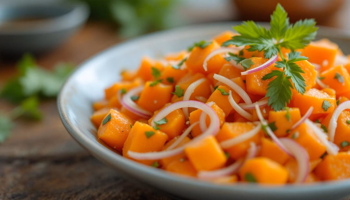 Vibrant diced butternut squash with cilantro and red chili, perfect for a healthy autumn dish or side.