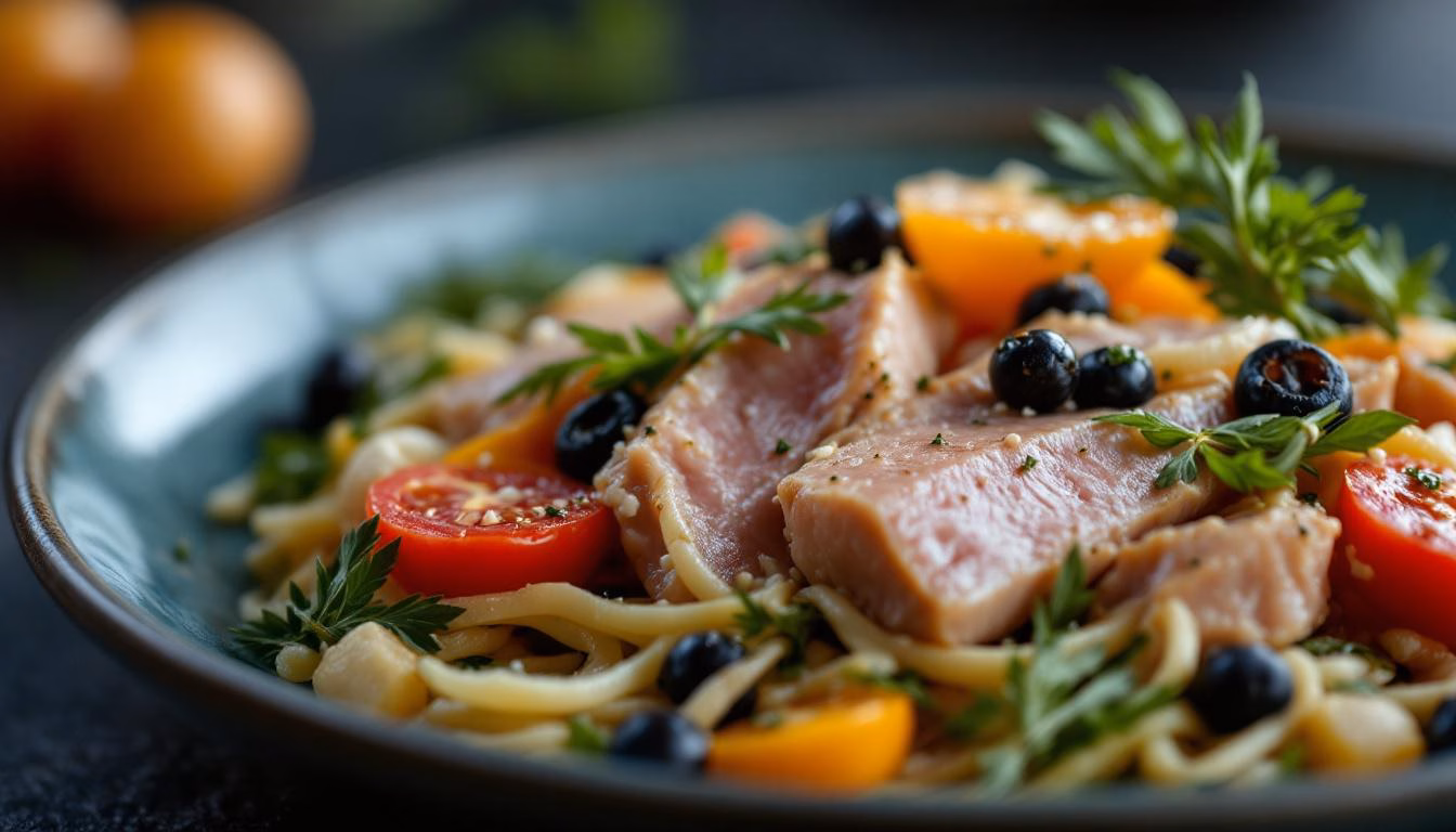 Savory salmon chunks tossed with lemon slices and fresh herbs, perfect for a healthy meal or vibrant dinner inspiration.