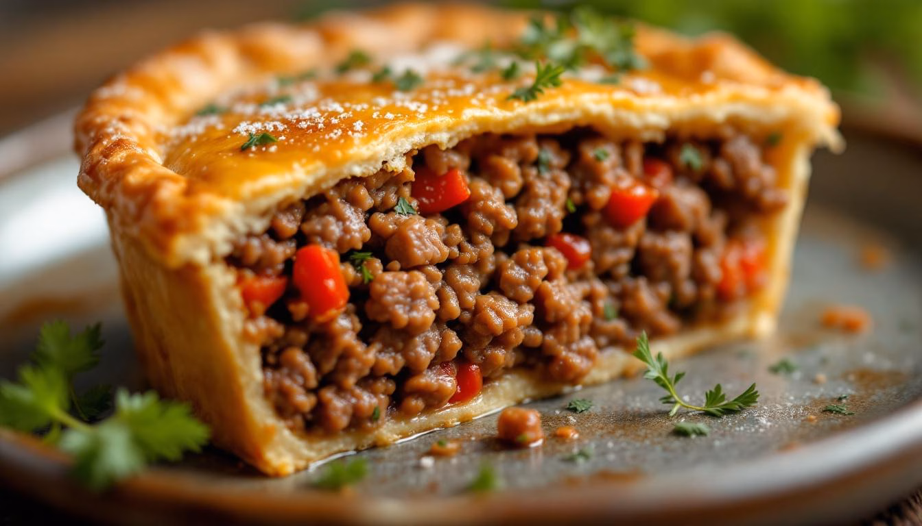 Savory lentil pie with a flaky crust and vibrant filling, garnished with fresh herbs on a rustic wooden table.