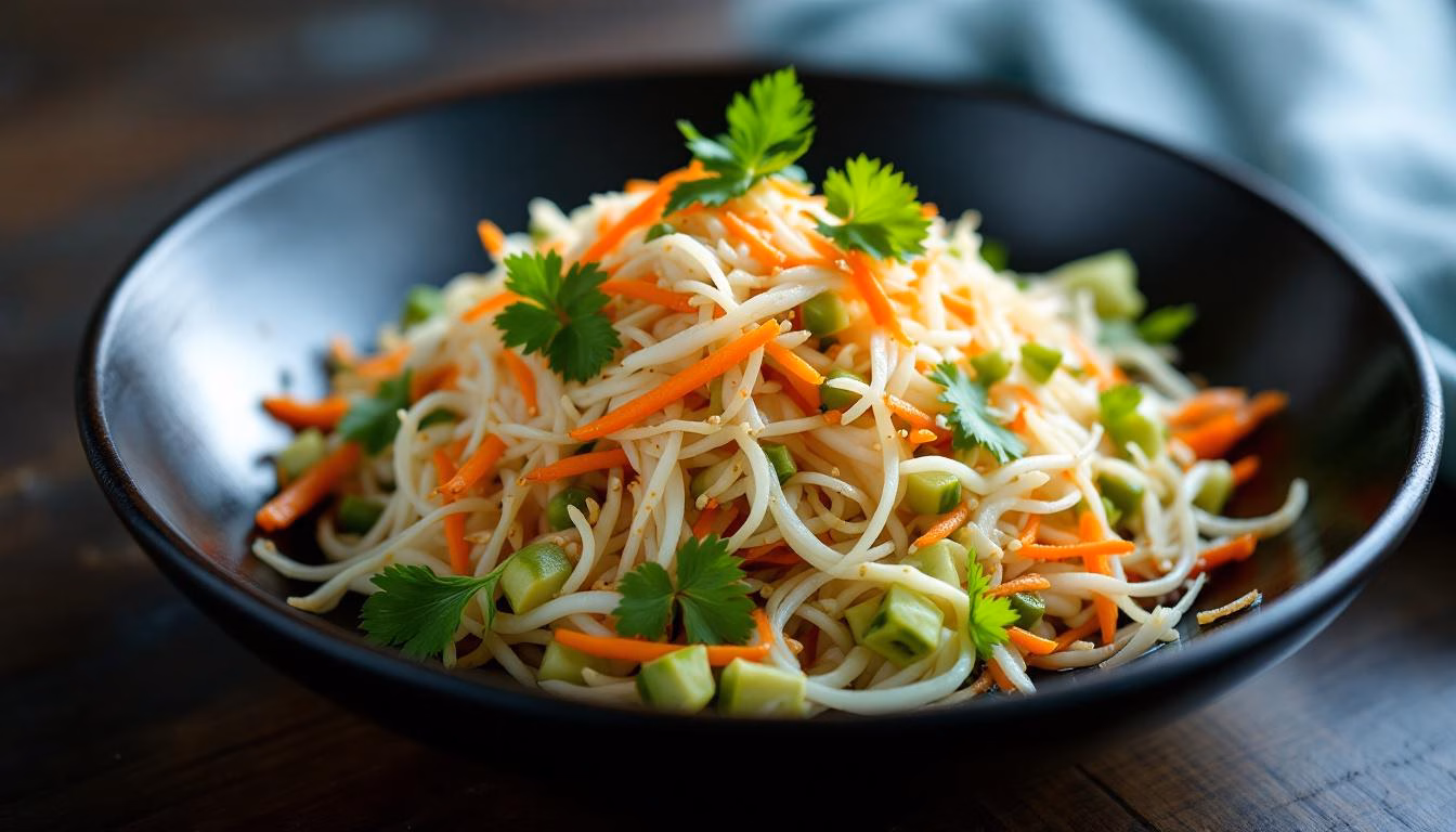 Fresh vegetable noodle salad topped with cherry tomatoes and cilantro, perfect for a healthy, vibrant meal.